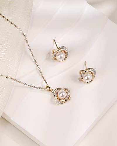 14K Gold Plated and Silver Pearl Jewelry Set for Women - Matching Pearl Necklace and Earring Set with Wrapped Design, June Birthstone Jewelry Set for Gift - Image 5