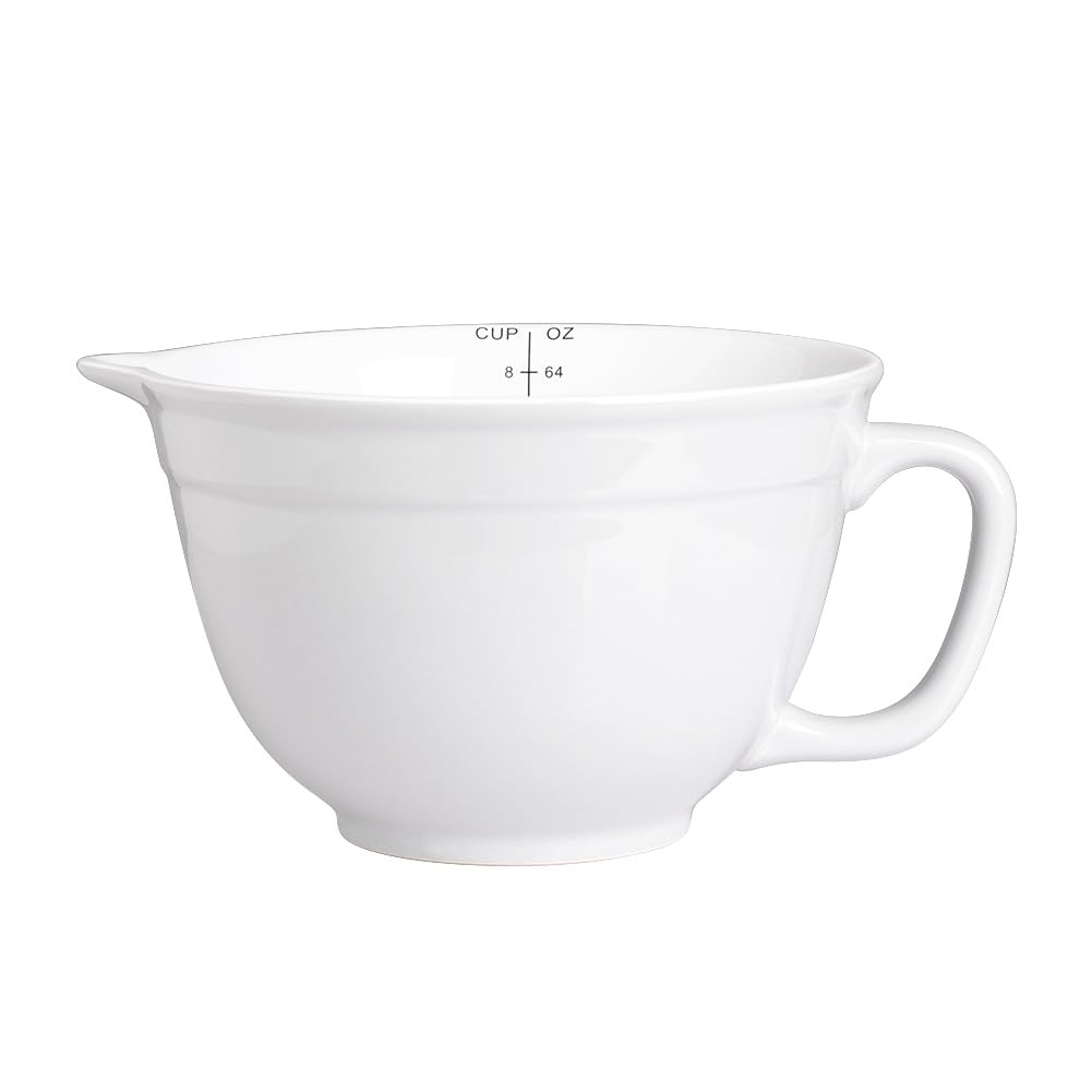 Sweejar Porcelain Mixing Bowl with Scale, Ceramic Serving Container for Kitchen, Nesting Bowl with Handle, Using for Baking, Prepping, Cooking, Set of 1(White)