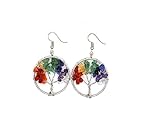 Wisdom Tree of Life Crystal Healing Chakra Dangle Drop Earrings For Women Stone Wire Wrap Hook Gemstone Jewelry