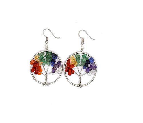 Wisdom Tree of Life Crystal Healing Chakra Dangle Drop Earrings For Women Stone Wire Wrap Hook...
