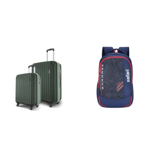 Image of Safari Genius Alley Set of 2 (Cabin + Medium) Trolley Bags Hard Case Polypropylene, 4 Spinner + Torque 37L Casual Printed Backpack, 3 compartments, Bottle Holder, Front Pocket, School Bag