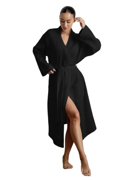 Luxury Cotton Robe | Long Length | Wide Sleeves | Belted | Size XS to 3XL | Full length | Nighty | Nightdress | Side Pockets | Soft Fabric-image-11