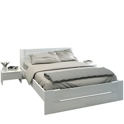 Miroytengo Pack White (Cama de Matrimonio + 2 mesitas) en Color Blanco Estilo Moderno 135-140x190cm