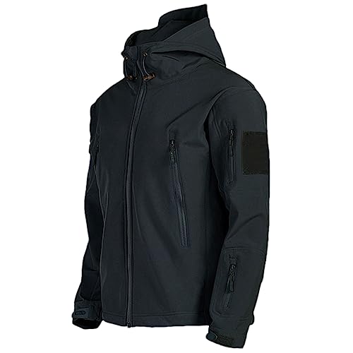 Adhdyuud Chaqueta Militar Táctica De Piel De Tiburón para Hombre, Abrigos con Capucha Impermeables A Prueba De Viento Y Múltiples Bolsillos Black XXL (75-85kg)