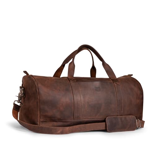 Hide & Drink, Luggage Duffle Bag with Shoulder Strap, Travel Overnight Bag, Handmade from Full Grain Leather - Bourbon Brown