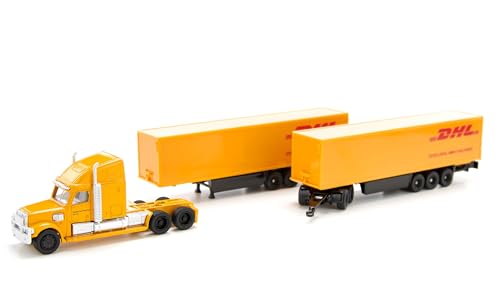 Siku 1806, Freightliner DHL Road Train, Zugmaschine mit Auflieger und Anhänger, 1:87, Metall/Kunststoff, Gelb, Abkoppelbarer Auflieger, Öffenbare Anhängertüren