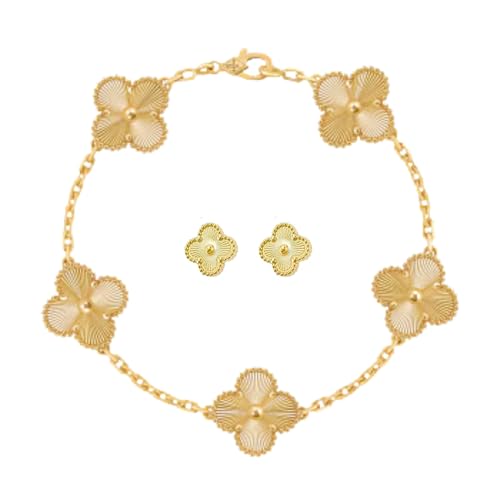 Image of Stylish Gold-Plated White Clover Bracelet & Earrings Set for Women | Premium Anti-Tarnish, Hypoallergenic Jewellery | Gift Combo