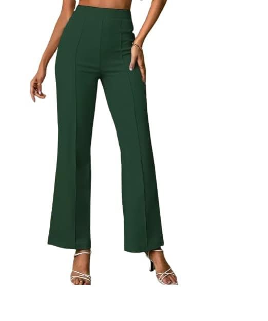 LookMark Women's Lycra Blend Relaxed Fit Flat-Front Trousers Green Color High Waist Bell Bottom Trouser(Trouser Green-L)