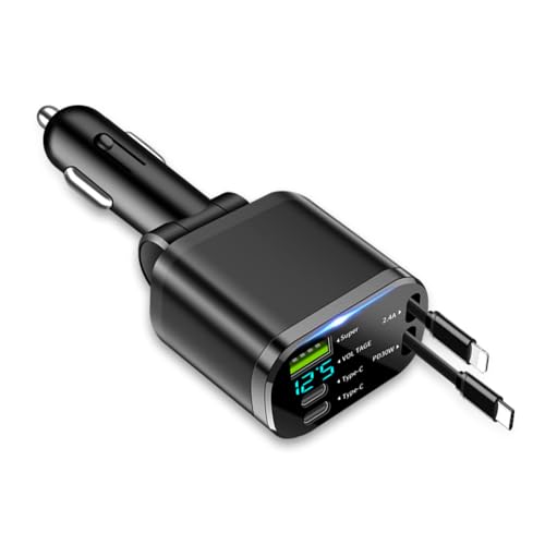 Upgraded Retractable Car Charger Adapter,3-Port & 2-Cable Car Phone Charger with 30W PD Charging Cable & Voltage Display,5 in 1 Type C and USB Cars Chargers Adapter