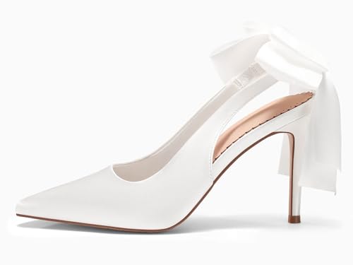 Image of Coutgo Womens Slingback High Heels with Bow Closed Pointed Toe Wedding Bride Dress Shoes Satin Pumps