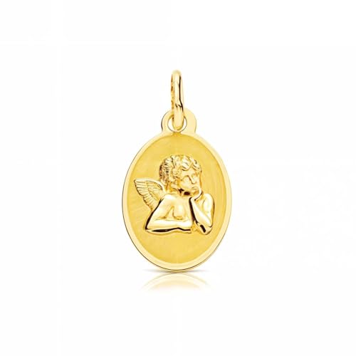 Monde Petit Medalla Oro Amarillo 9K Personalizada Angel Oval Mate y Brillo 15 x 10 mm - Certificado Garantía - 1284