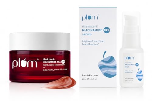 Image of Plum Skin Clarity Duo | 10% Niacinamide Serum 15ml + Black Rice & Niacinamide-TXA 10% Night Clarity Jelly Serum 25g | Reduces Dark Spots, Acne Marks & Brightens Skin