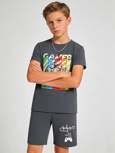 Image of Cakaner Tween Boys Summer Clothes 2 Piece Short Sleeve Graphic T-Shirt and Shorts Casual Outfit Set Size 7-14
