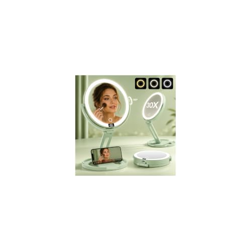 Travel Makeup Mirror with Lights, 1X/30X Double-Sided Magnifying Mirror