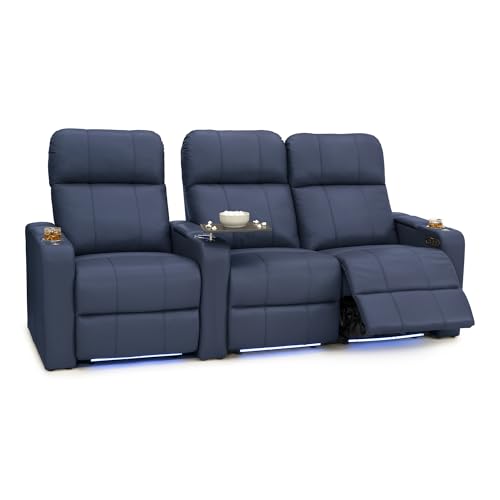 Image of Seatcraft Monterey Home Theater Seating Navy Blue Row of 3 Right Loveseat | Italian Leather, Wall Hugger, Zero Gravity, Powered Headrest, Power Recline, Zero Gap, USB charging