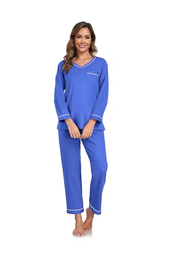 Image of COLORFULLEAF 100% Cotton Pajama Set for Women Long Sleeve Sleepwear with Pants Soft Comfy Two-Piece Pjs with Pockets