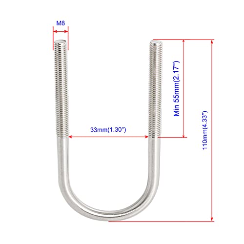 Image of Round U-Bolts 1.3 inch(33mm) Inner Width M8 Thread 304 Stainless Steel Silver with Plates Nuts Flat Washers for Car /RV /Trailer Bumper, 2Pcs