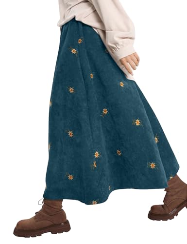 COZYPOIN Women’s Corduroy Long Skirt Spring Fall Embroidery Floral A-Line Skirt Vintage Elastic High Waist Ruffle Maxi Skirt