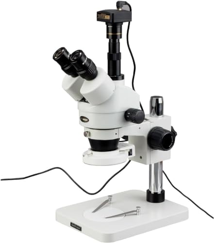Image of AmScope SM-1TSZ-144S-3M Digital Professional Trinocular Stereo Zoom Microscope, WH10x Eyepieces, 3.5X-90X Magnification, 0.7X-4.5X Zoom Objective, 144-Bulb LED Ring Light, Pillar Stand, 110V-240V, Includes 0.5X and 2.0X Barlow Lenses and 3MP Camera with Reduction Lens and Software