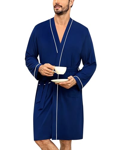 SWOMOG Mens Modal Robe with Shorts Set 2 Pcs Long Sleeve Kimono Bathrobe Soft Pjs Set Loungewear with Pockets3