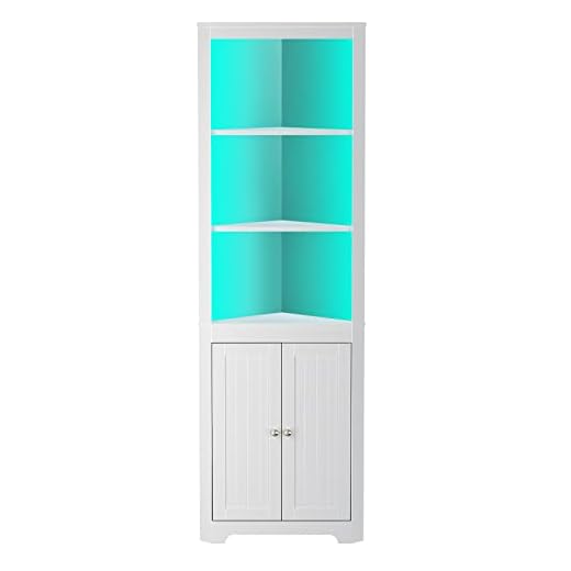 Rolanstar Corner Shelf with LED Light, 5-Tier Corner Cabinet with Doors, White Corner Bookshelf 66.9" Tall Corner Stand Display Storage Rack for Living Room,Home Office,Kitchen,Bar,Small Space