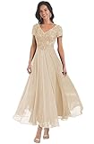 BANTRATIC Champagne Mother of The Bride Dresses Midi Length for Wedding Chiffon V Neck Lace-up Formal Evening Dress Size 12