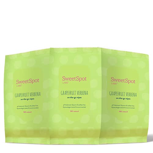 SweetSpot Labs Natural, pH Balanced, Personal Gentle Body Wipes, Grapefruit Verbena, 30 Count (Pack of 3) | Dermatologist & Gynecologist Tested