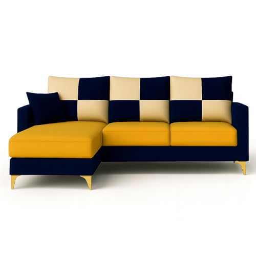 Image of CASASTYLE Brogan 4 Seater Fabric LHS L Shape Sofa Set (Yellow-Dark Blue) in Premium Velvet Finish | Durable Comfort | Ideal for Living Room