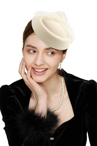 Gionforsy Fascinators Hats Pillbox Tea Party Fascinator Hats for Women Feather Veil Hat Headband for Cocktail Wedding (US Alpha One Size Beige)