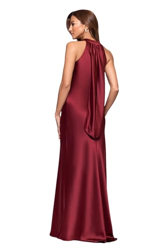 Image of Xscape Women's Floor Length Satin Halter Gown with Crisscross Neckline, Tie Back Sash and Sheath Silhouette, Wine, 6