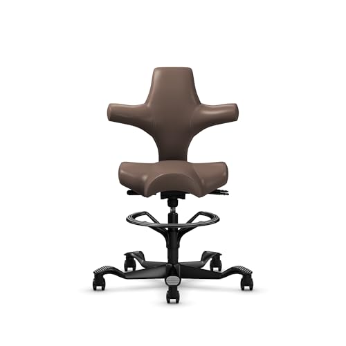 Image of HAG Capisco Sit to Stand Chair-Black Frame-Upholstered Brown Mahogany Vinyl-with Foot Ring