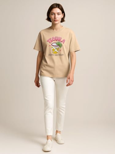 Image of HELLCAT Beige Trendy Printed Oversized T-Shirt for Women