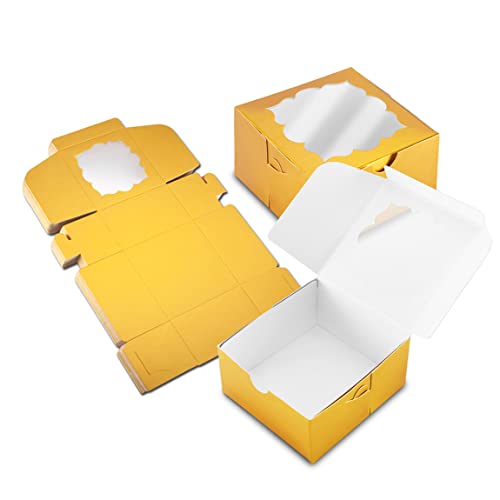 NPLUX 50pcs Cookie Boxes with Window Bakery Boxes Small Treat Boxes Mini Pie Boxes Pastry Boxes 4x4x2.5 Graduation Gifts Party Favors(Gold)