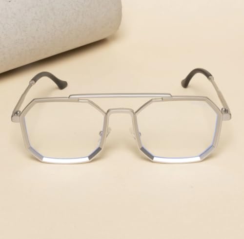 Image of Zero Power Blue Cut Computer Glasses | Anti Glare, Lightweight & Blocks Harmful Rays | 100% UV Protected | Full Rim hexagonal | For Men & Women | Medium (SILVER)(222 SILVER CLR RDNG FRM BZ)