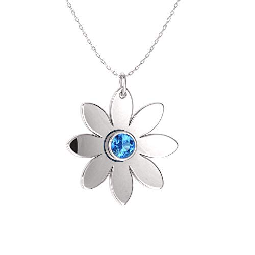 Diamondere Natural and Certified Blue Topaz Flower Necklace in 14k White Gold | 0.16 Carat Pendant with Chain