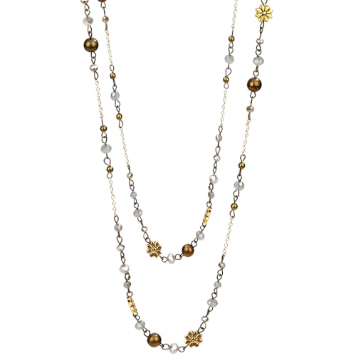 Image of MOTIBACK Layered Long Necklaces for Women Silver Black Beaded Necklace Antique Bronze Double Chain Vintage Flower Costume Jewelry Ladies Trendy Boho Birthday Gifts