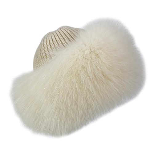 jweemax Women Faux Fur Trimmed Winter Fashion Hat Knit Furry Hats Thickened Warm Ski Hat,Beige