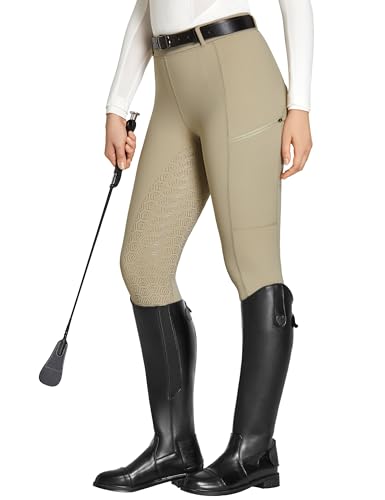 FitsT4 Sports Leggings de equitación para mujer, de silicona, con bolsillo para el teléfono móvil y trabillas para cinturón, para equitación, entrenamiento ecuestre, caqui, M