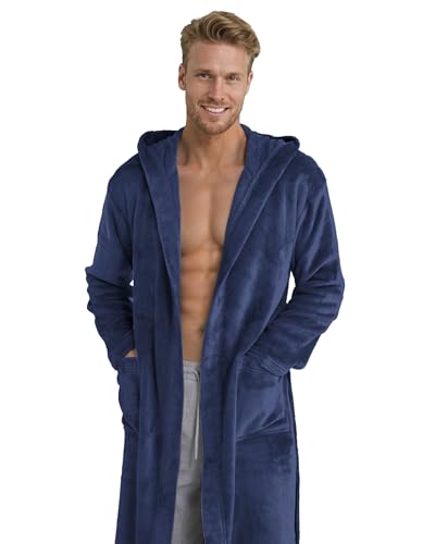 Twinzen Damen & Herren Kuschelfleece Morgenmantel mit Kapuze M - Dunkelblau - Weich, Warm & Bequem - Öko-Tex Standard 100 zertifiziert