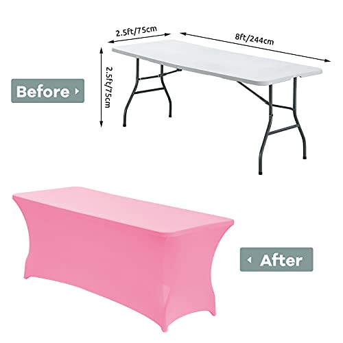Image of CWK 8FT Waterproof Spandex Fitted Tablecloth,Rectangular Table Cover Pink | Fits 96x30 inch rectangular folding tables.Wrinkle & stain resistant stretch fabric.Ideal for parties,weddings & vendor events