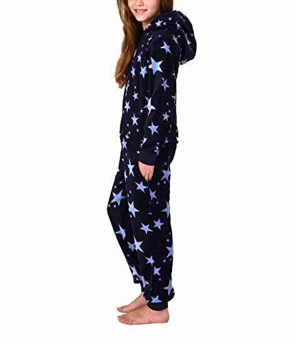 NORMANN-Wäschefabrik Damen Jumpsuit Overall mit Kapuze im Sternen Look aus Coralfleece - 202 267 961, Farbe:Marine, Größe:40/42