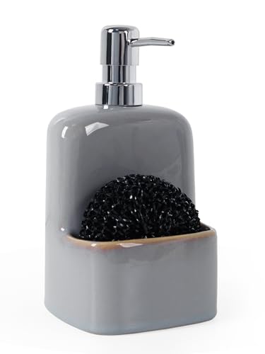Autumnlife Distributeur de savon liquide vaisselle en céramique avec porte-éponge pour cuisine - Grand distributeur de savon liquide pour les mains - Pour...