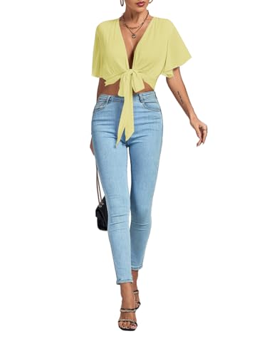 Image of LYANER Women's Sexy Deep V Neck Tie Front Wrap Cropped Blouse Bell Short Sleeve Ruffle Crop Tops