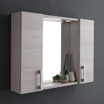 Foto di Kiamami Valentina - Specchio bagno contenitore con 2 pensili laterali rovere grigio