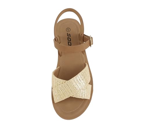 Image of Soda CHESTER ~ Women Flat Sandals Flatform Ankle Buckle Criss Cross Band Straps Sandals Shoes (Gold Raffia, 5.5)