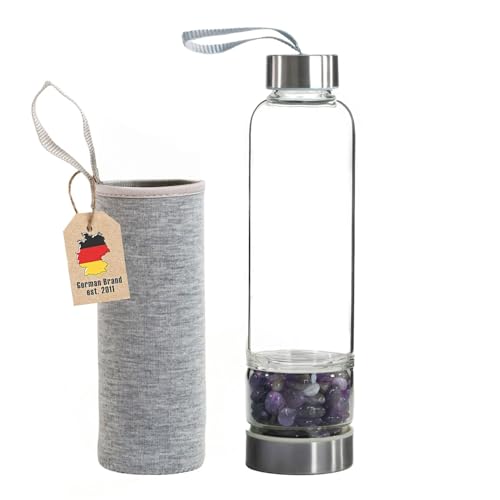 INTIRILIFE Botella de agua con piedras curativas y funda Gris - Amatista - Capacidad de 400 ml - Botella con piedras preciosas, minerales