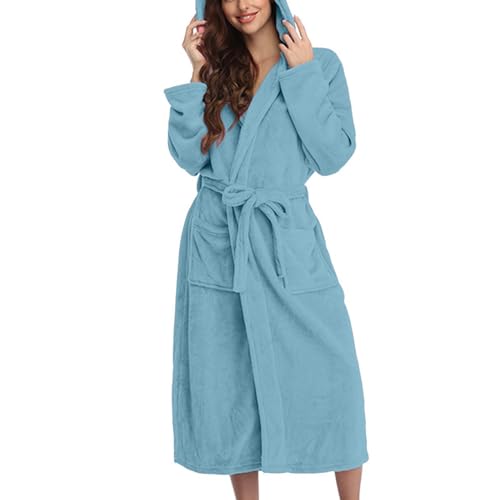 Generisch Albornoz hombre mujer algodón albornoz con bolsillos capucha y cinturón microfibra alta calidad batas invierno super absorbente para casa spa hotel, azul, XXL