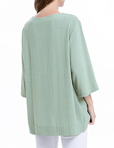 Ladyful Women's Boat Neck Cotton Linen Blouse Summer Chinese Frog Button Tunic Shirt Top White #TOP3