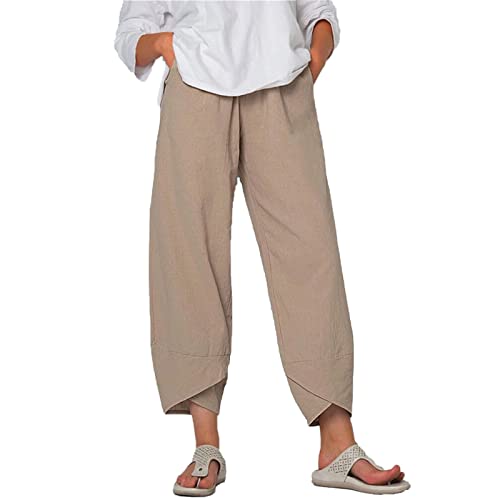 Maiyifu-GJ Women's Cotton Linen Loose Pants Summer Casual Baggy Lounge Pants Elastic Waist Lightweight Wide Leg Trousers (Apricot,Small)