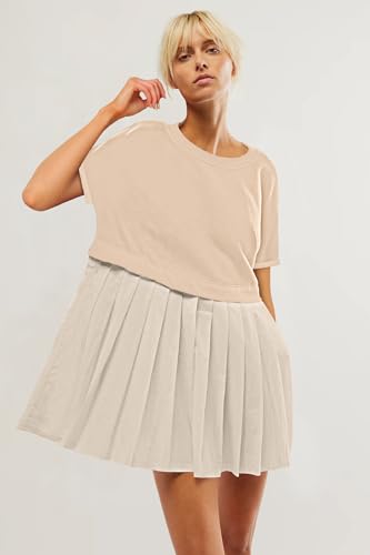 Image of SAUKOLE Womens Summer Crew Neck Short Sleeve Dress Patchwork Pleated A Line Beach Mini Dress